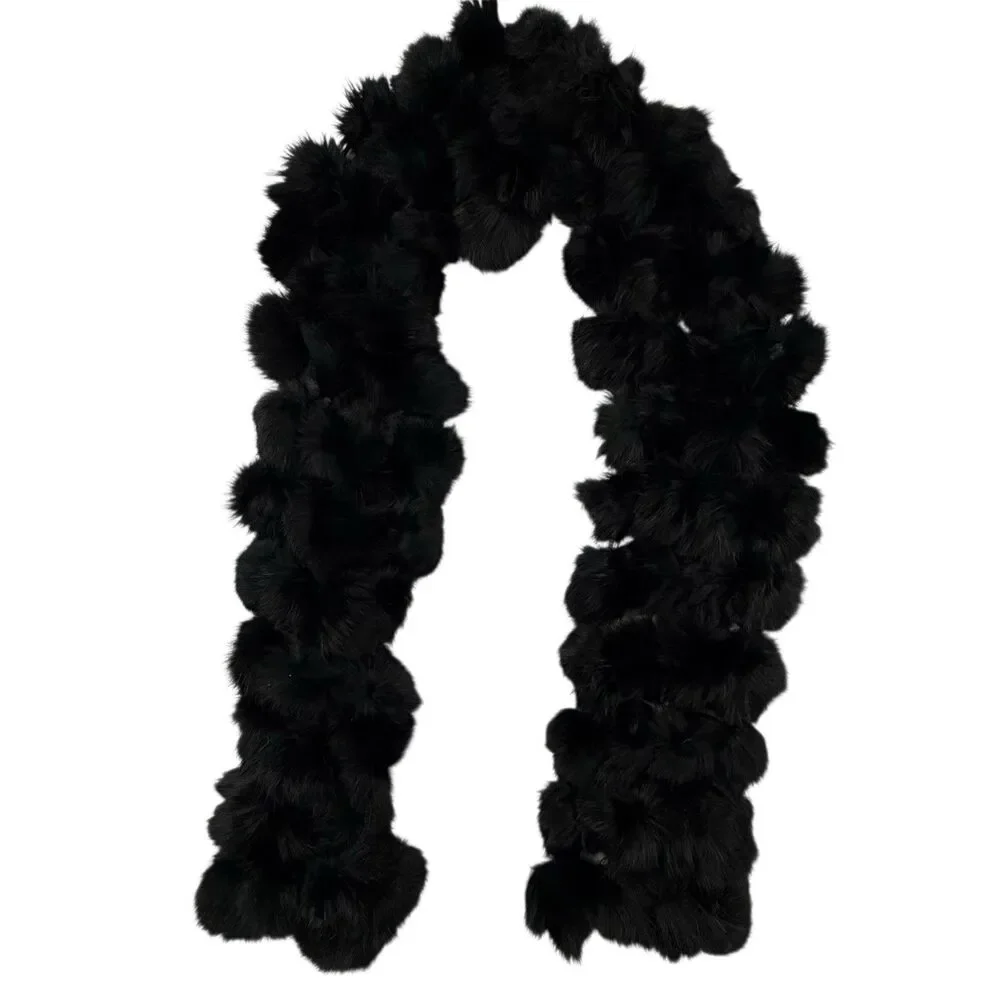 100% Genuine Rabbit Fur Black Balls 3 Rows Pompons Scarf 49 x 5